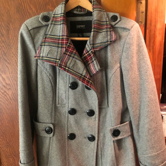 Espirit Grey Wool Peacoat with Plaid Detail - Picture 2 of 3